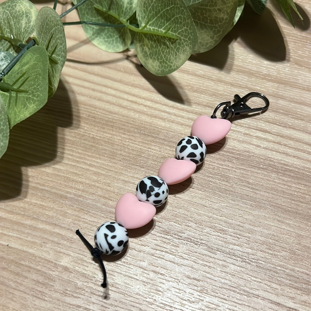Pink Hearts and Cow Print Keychain