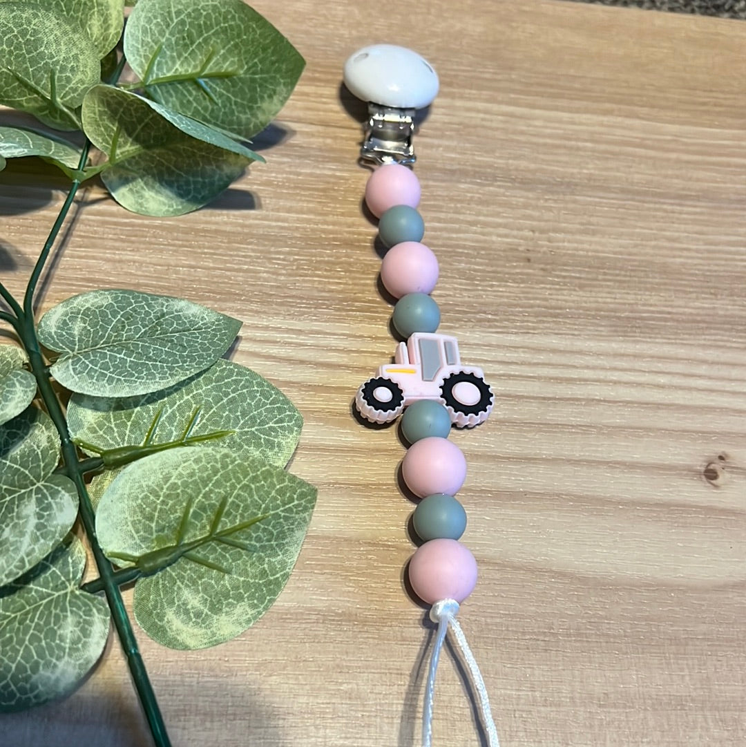 Pink Tractor Pacifier Clip