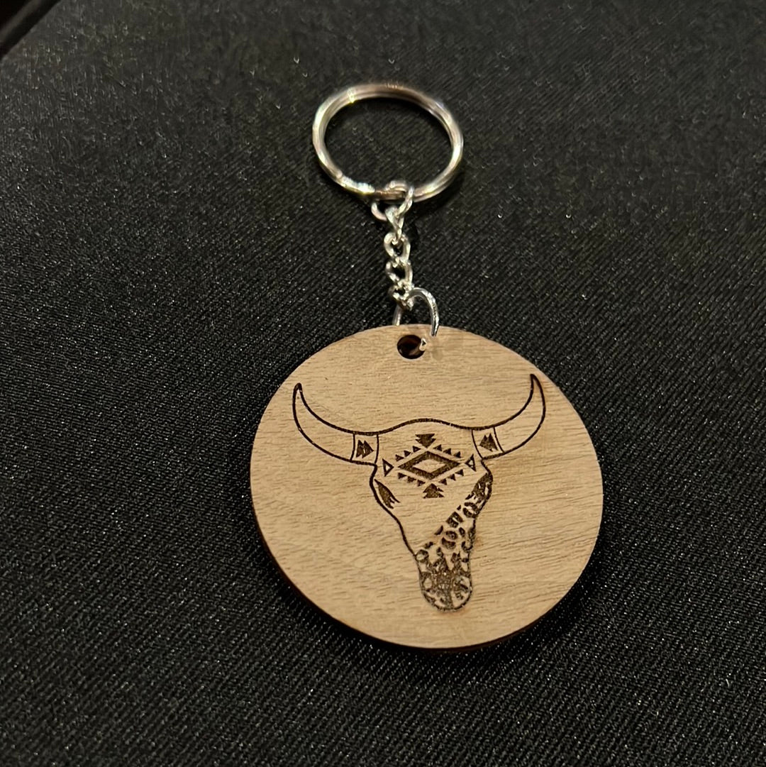 Bull Skull Wood Keychain