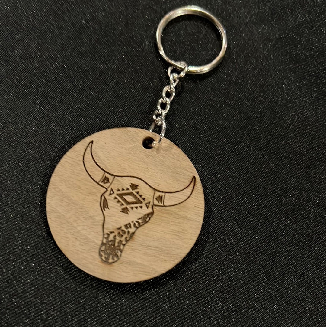 Bull Skull Wood Keychain