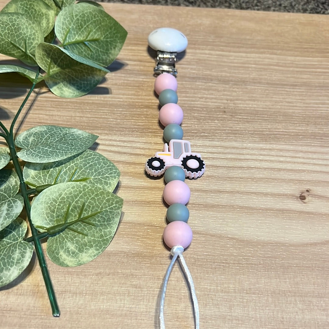 Pink Tractor Pacifier Clip
