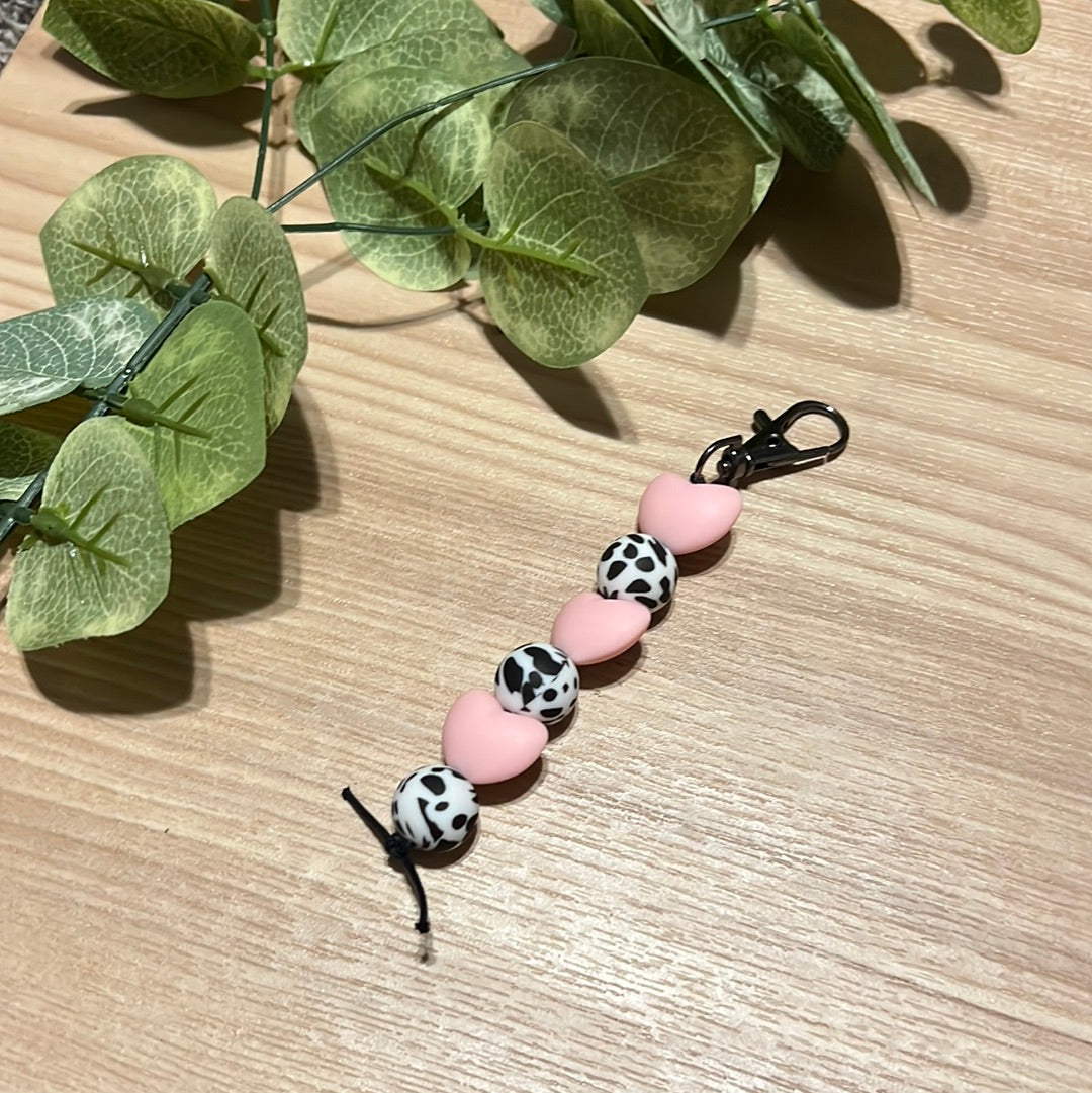 Pink Hearts and Cow Print Keychain
